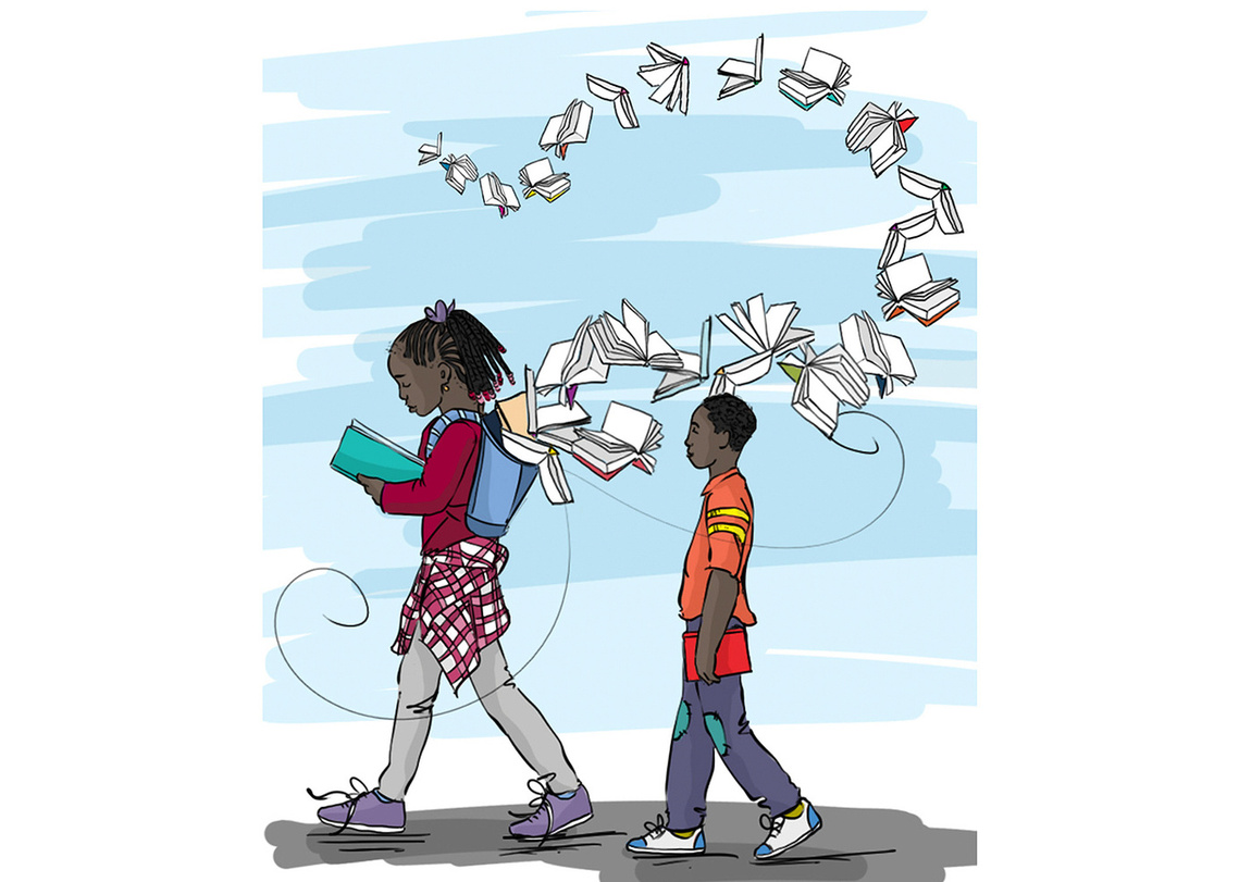 A vibrant illustration of Black kids walking with books flying out of their bags, promoting a love of reading. This engaging image is perfect for children's books and educational materials, inspiring young minds.