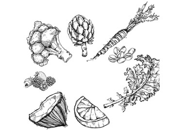 Black and white food illustrations of vegetables and fruits, perfect for adult coloring books. These superfood illustrations promote health and wellness, ideal for educational and publishing purposes.