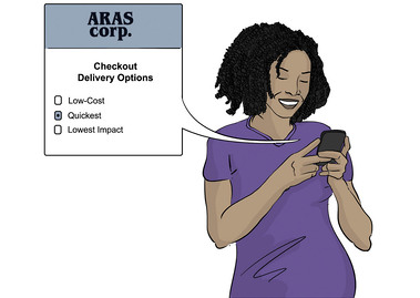 A vibrant illustration of a Black woman using a shipping company app to select delivery options. This storyboard highlights the convenience of new technology, making it perfect for marketing and communication purposes.