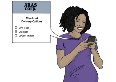 A vibrant illustration of a Black woman using a shipping company app to select delivery options. This storyboard highlights the convenience of new technology, making it perfect for marketing and communication purposes.