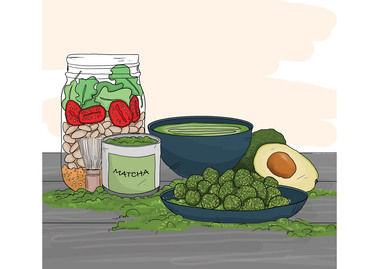 A vibrant green matcha illustration, showcasing various matcha food products. Perfect for mindfulness and wellness books, this image promotes superfoods and healthy living. Ideal for publishing, education, advertising, and health and wellness initiatives.