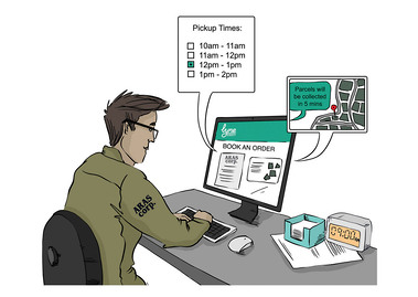 A storyboard illustration showcasing the backend application, where a sort hub employee reviews customer-selected details. This highlights the latest technology and cutting-edge solutions for efficient package handling.