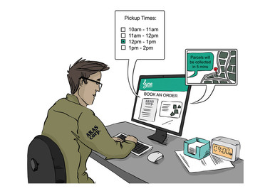 A storyboard illustration showcasing the backend application, where a sort hub employee reviews customer-selected details. This highlights the latest technology and cutting-edge solutions for efficient package handling.
