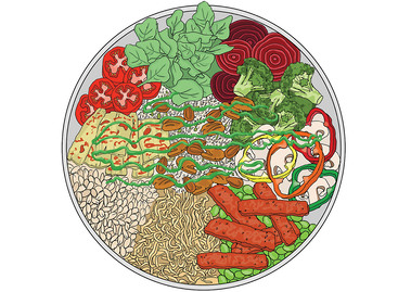 A vibrant food illustration of a Buddha bowl, showcasing a colorful variety of ingredients. Perfect for health and wellness publications, promoting a balanced and nutritious diet.