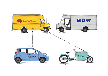A storyboard illustration showcasing a diverse fleet of delivery vehicles, from trucks to bikes. Perfect for a new tech company's app, highlighting the flexibility and efficiency of their delivery solutions.