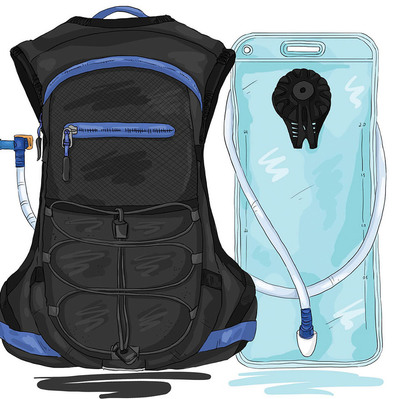 Full-color product illustration of a hiking backpack and water pouch, showcasing technical details and features. Designed for sales purposes, this image highlights functionality and appeal for outdoor enthusiasts.