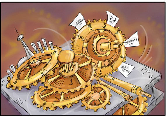 An editorial political illustration for the Toronto Star, featuring cogs turning endlessly, symbolizing rising taxation in Canada. This striking image effectively conveys the message, making it perfect for political commentary.