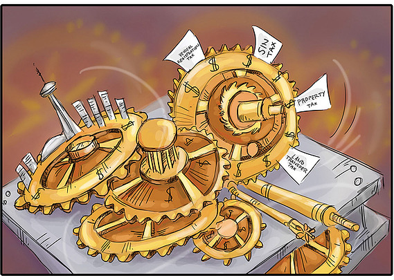 An editorial political illustration for the Toronto Star, featuring cogs turning endlessly, symbolizing rising taxation in Canada. This striking image effectively conveys the message, making it perfect for political commentary.