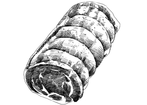 A detailed black and white pen-and-ink illustration of various meat cuts, perfect for a butcher's menu. This realistic artwork showcases the quality and variety of products, ideal for publishing and editorial use.
