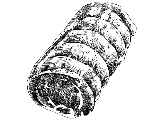 A detailed black and white pen-and-ink illustration of various meat cuts, perfect for a butcher's menu. This realistic artwork showcases the quality and variety of products, ideal for publishing and editorial use.