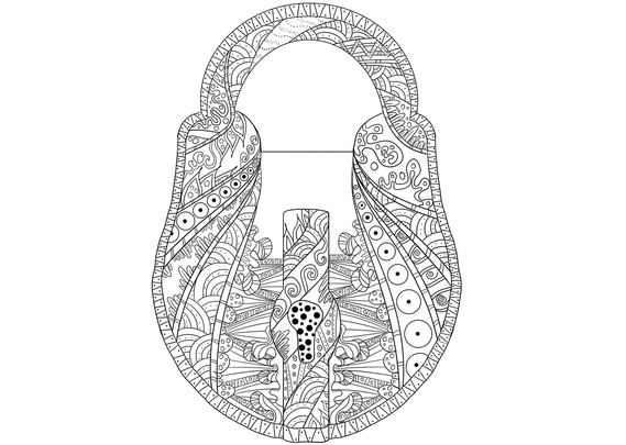 A unique black and white mandala coloring book illustration shaped like a lock. Perfect for mindfulness publications, this engaging design promotes relaxation and stress relief while symbolizing personal growth and overcoming challenges.