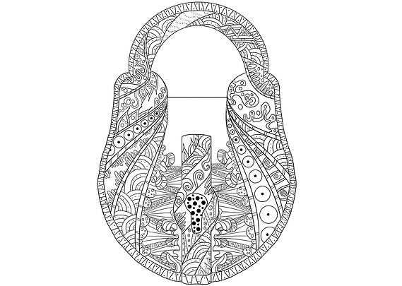 A unique black and white mandala coloring book illustration shaped like a lock. Perfect for mindfulness publications, this engaging design promotes relaxation and stress relief while symbolizing personal growth and overcoming challenges.