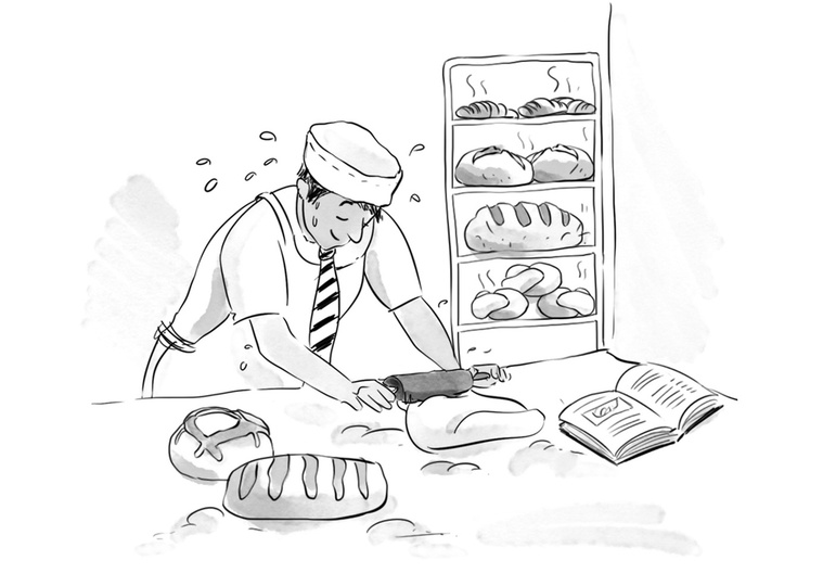 A black and white ink wash illustration of a baker rolling out dough, perfect for character development in books or novels. This detailed image captures the essence of the craft, ideal for editorial and publishing purposes.