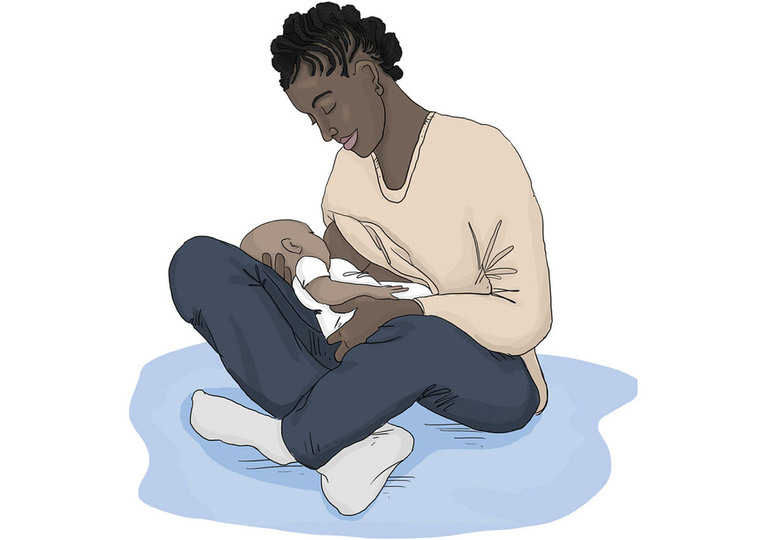 A black and white illustration of a Black woman breastfeeding her infant, perfect for a mindfulness book chapter. This image promotes health and wellness, ideal for publishing and maternal care resources.