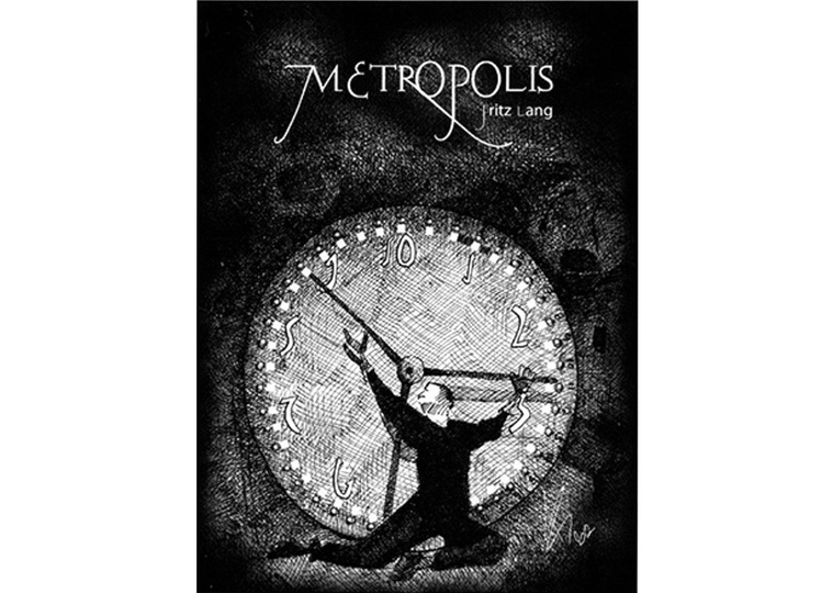 A detailed black and white pen-and-ink illustration of a man and a clock, perfect for Metropolis promotion. This cross-hatching artwork is ideal for Pie Media and Pie Magazine, showcasing the iconic city and its timeless appeal.
