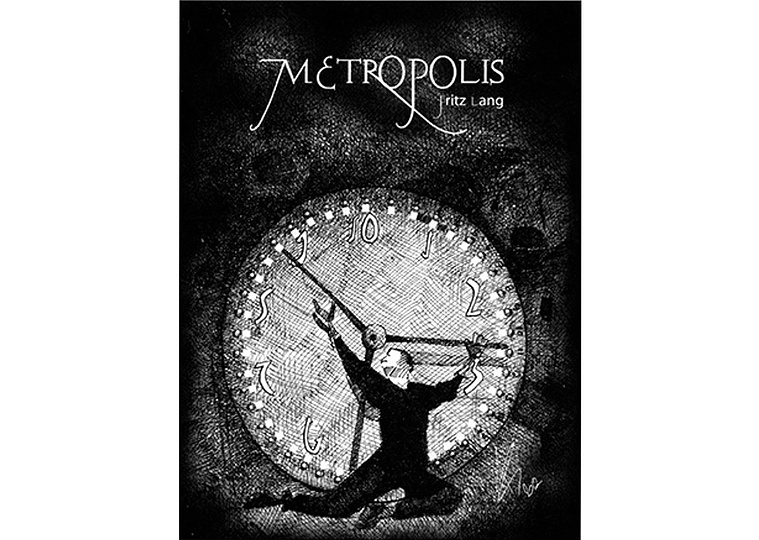 A detailed black and white pen-and-ink illustration of a man and a clock, perfect for Metropolis promotion. This cross-hatching artwork is ideal for Pie Media and Pie Magazine, showcasing the iconic city and its timeless appeal.