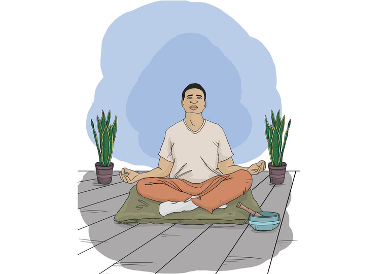 A vibrant full-color meditation illustration, perfect for mindfulness books and educational materials. This calming image promotes mental health and well-being, ideal for publishing and wellness initiatives.