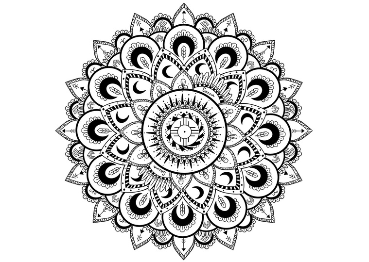 A detailed black and white mandala, incorporating First Nations symbolism and meaning. This intricate artwork celebrates indigenous culture and spirituality, perfect for decorative or educational purposes.