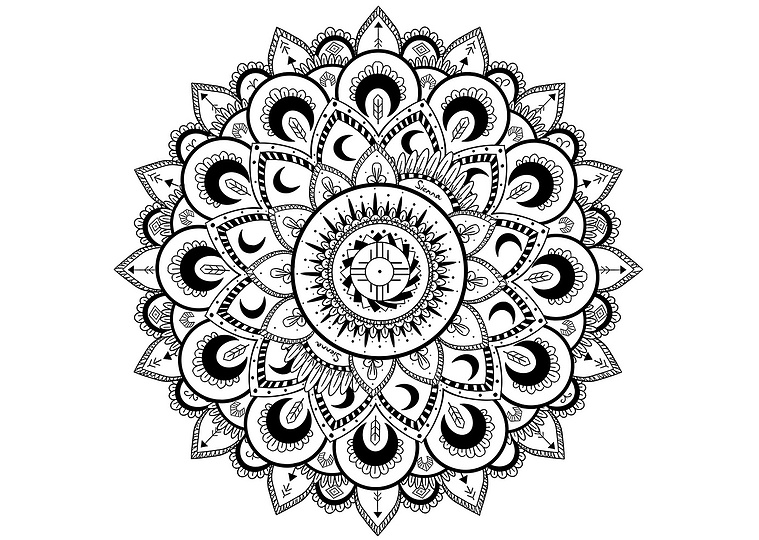 A detailed black and white mandala, incorporating First Nations symbolism and meaning. This intricate artwork celebrates indigenous culture and spirituality, perfect for decorative or educational purposes.