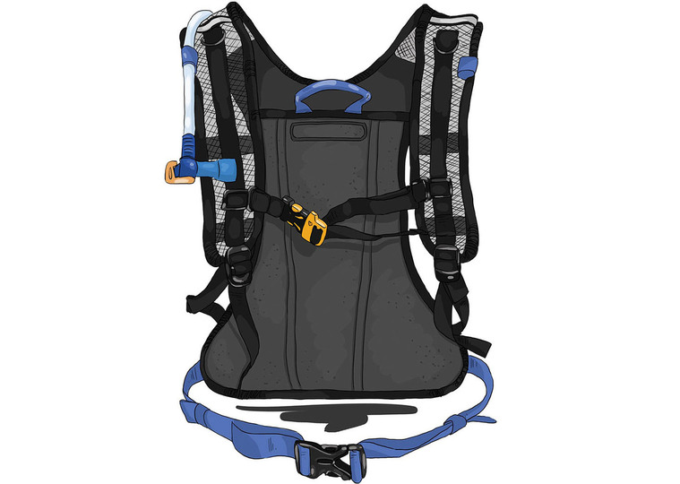 A detailed product illustration showcasing the back end of a backpack, highlighting specific features and toggles. This accurate representation is perfect for advertising fashion and apparel, providing potential buyers with essential information.
