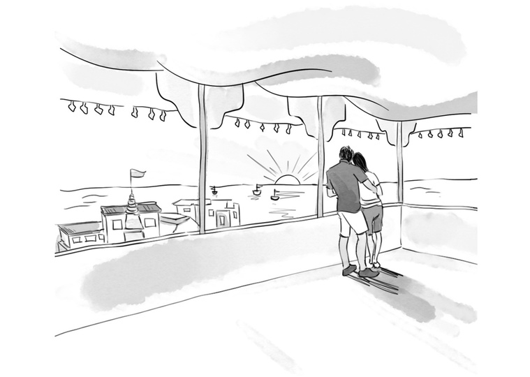 A black and white illustration of a couple on a balcony overlooking the sea, perfect for cultural-themed book chapter illustrations. This visually striking artwork conveys emotion and story, ideal for entertainment and media.