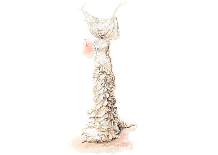 A stunning fashion watercolor illustration of a woman in a flowing, ethereal dress. The mixed media artwork is perfect for lookbooks and advertising media, capturing the beauty and elegance of the design.