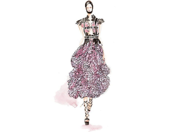 A vibrant fashion watercolor and ink illustration of a woman in a stunning pink dress. The intentional watercolor bleeds add depth and texture to the artwork, making it perfect for lookbooks and advertising media.