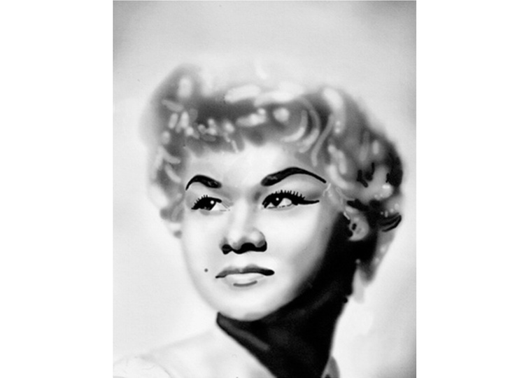 A realistic black and white portrait illustration of Etta James, featured in the Pie Media Group's celebrity series. This timeless piece captures her soulful essence, ideal for publishing and fan collections.