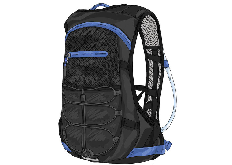 A detailed product illustration of a black and blue backpack, showcasing its textures and materials in a 3/4 view. Precise line work and attention to detail make this perfect for fashion and apparel advertising.