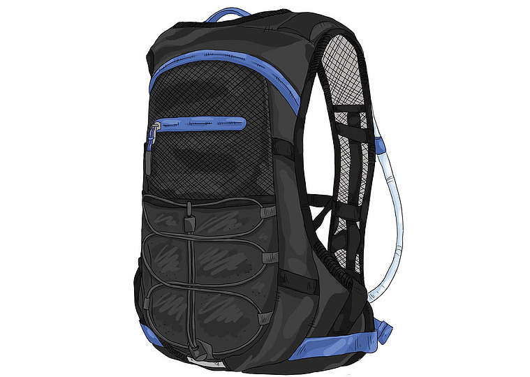 A detailed product illustration of a black and blue backpack, showcasing its textures and materials in a 3/4 view. Precise line work and attention to detail make this perfect for fashion and apparel advertising.