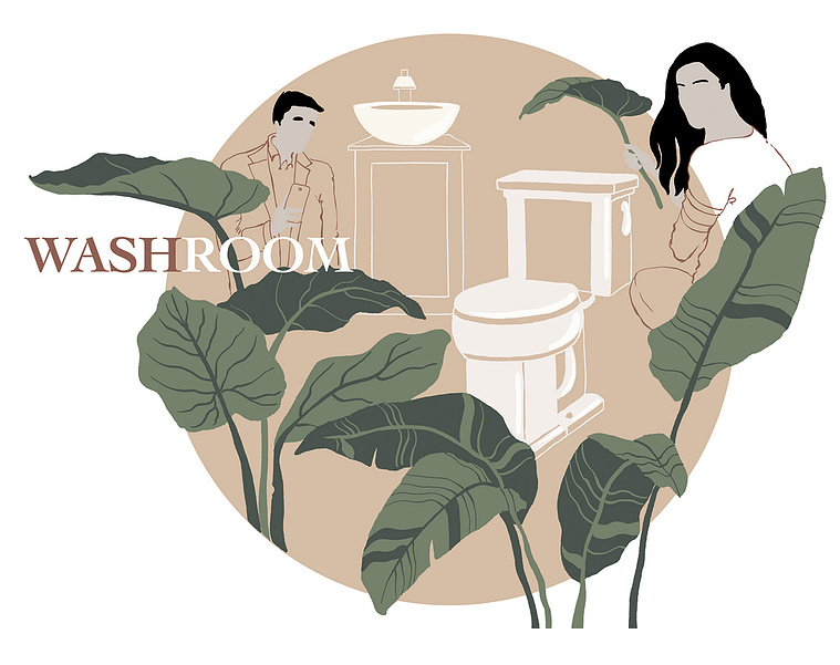 Illustration of a washroom sign incorporating a balanced design of tropical leaves, structural elements, and figures, using feng shui colors. This SEO-optimized image blends nature and functionality, enhancing the visual appeal and harmony of the space.