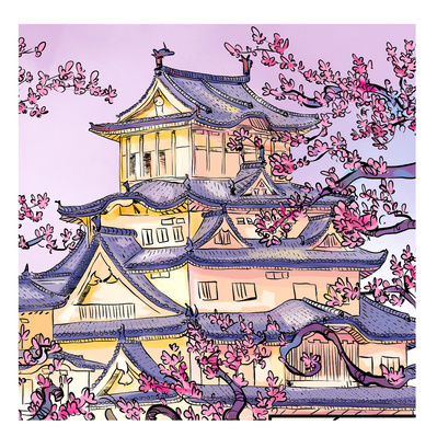 Venue illustration of a Japanese castle created for Globetrotter, showcasing intricate architectural details in a beautiful, fluid illustration style, capturing the elegance and grandeur of the historic landmark.