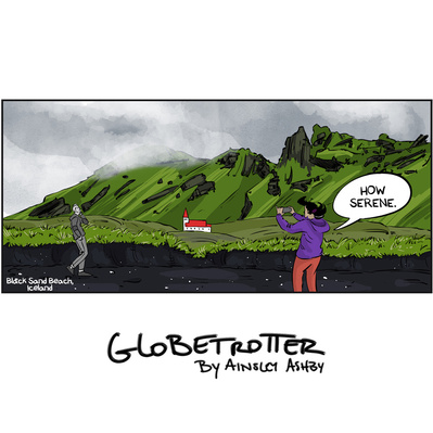 Globetrotter comic social media illustration: Chloe on a black sand beach in Iceland, capturing a photo of a stunning landscape.