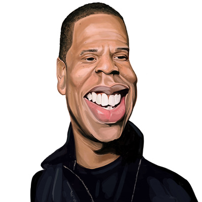 Speaker illustration of Jay-Z, created as a clear and vibrant full-color caricature, capturing his iconic features and dynamic persona in a bold, artistic style.