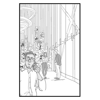 Black and white event illustration showing an interior scene with a subtle environment, featuring a person in the foreground talking on the phone, capturing the atmosphere and details of the space.