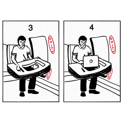 Black and white blog illustration featuring a 4-panel comic of a man on an airplane removing the emergency exit door and using it as a makeshift tray for his laptop, highlighting a humorous take on travel mishaps.