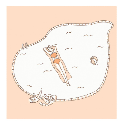 Vector illustration advert for Swimsuits Direct: a woman happily swimming on her back with friends, wearing her new swimsuit. Fun, carefree scene promoting swimwear, friendship, and online shopping joy.