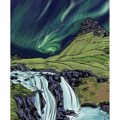 Venue illustration of an Icelandic landscape at night, showcasing the Northern Lights, created for Globetrotter, capturing the stunning natural beauty in a vibrant, atmospheric style.