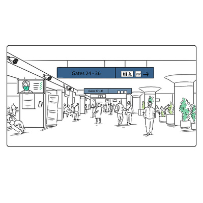Black and white storyboard panel showing the interior of an airport terminal with passengers walking around, highlighting various areas including check-in counters, security, and waiting areas, emphasizing the flow of people and efficiency.