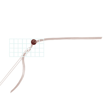 Watercolour instructional illustration depicting step 3: the final stage of threading, showing how the thread passes through the canvas, completing the sewing process with a clear visual for easy understanding.