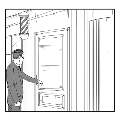 Fashion storyboard illustration of a man in a suit with a shaggy haircut opening the door to a barbershop. Clean ink and light shading style, created for Ben Sherman clothing line.