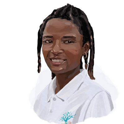 Biographical illustration of an African woman with dreadlocks wearing a company shirt, captured in vivid digital style, showcasing her confidence and unique style with rich colors and intricate details.