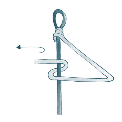 Fashion illustration with detailed threading instructions, showing how to thread the needle and wrap the thread for a specific stitch. Clear, step-by-step guide ideal for fashion design tutorials and stitching techniques.