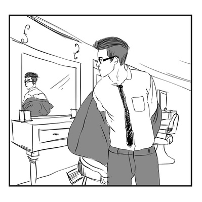 Black and white fashion illustration storyboard of a man in a London barbershop removing suit jacket. Showcases tailored style and classic barbershop setting. Ideal for fashion storytelling, campaigns, and brand marketing. Illustration by Ainsley Ashby