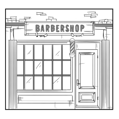 Fashion storyboard illustration of a London barber shop exterior, drawn in clean ink with light shading. Capturing urban style and detail, created for Ben Sherman clothing line.