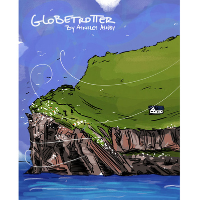Globetrotter comic social media illustration: Stunning Icelandic islands with vibrant green and blue sea, showcasing scenic beauty.