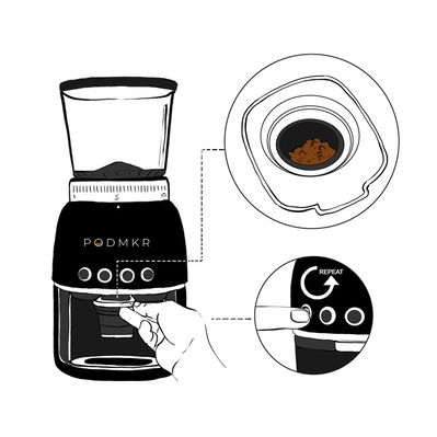 Technical black and white illustration showing the step of removing the coffee pod from the machine, with a focus on the ground coffee beans inside, emphasizing the action for clear understanding.