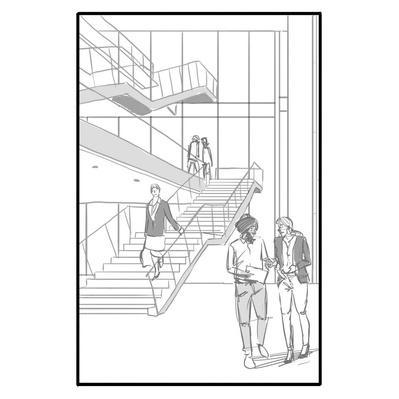 Live event sketching in black and white showing several people descending a large staircase inside a building. Detailed, dynamic illustration capturing movement, ideal for event coverage and architectural sketching.