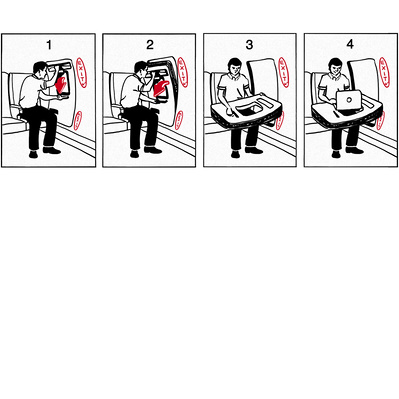 Black and white comic illustration for social media showing a man on an airplane ripping off the emergency exit door and using it as a laptop tray in a humorous, exaggerated style.