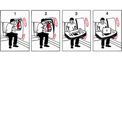 Black and white comic illustration for social media showing a man on an airplane ripping off the emergency exit door and using it as a laptop tray in a humorous, exaggerated style.
